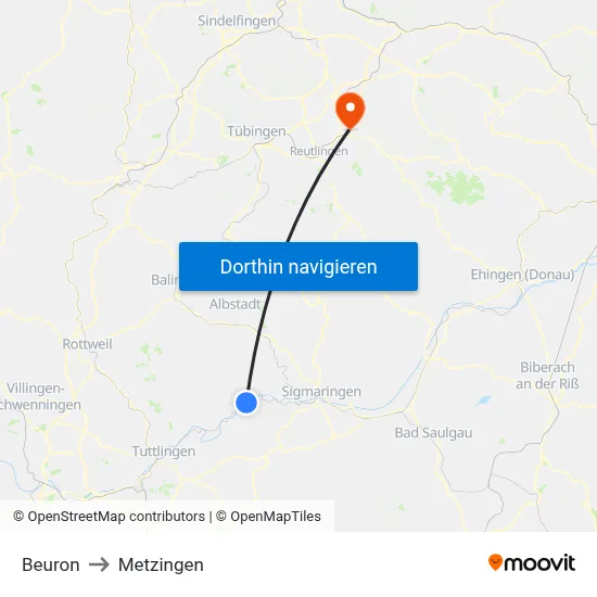 Beuron to Metzingen map