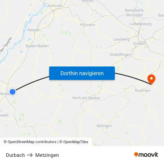 Durbach to Metzingen map