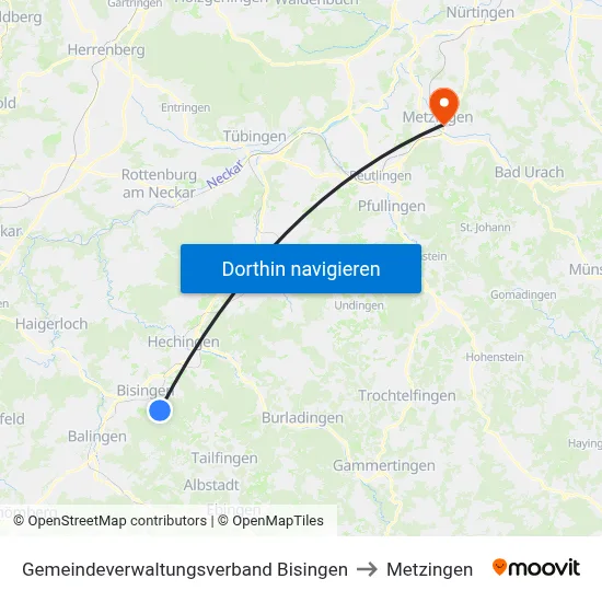 Gemeindeverwaltungsverband Bisingen to Metzingen map
