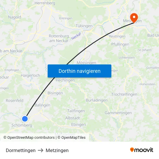 Dormettingen to Metzingen map