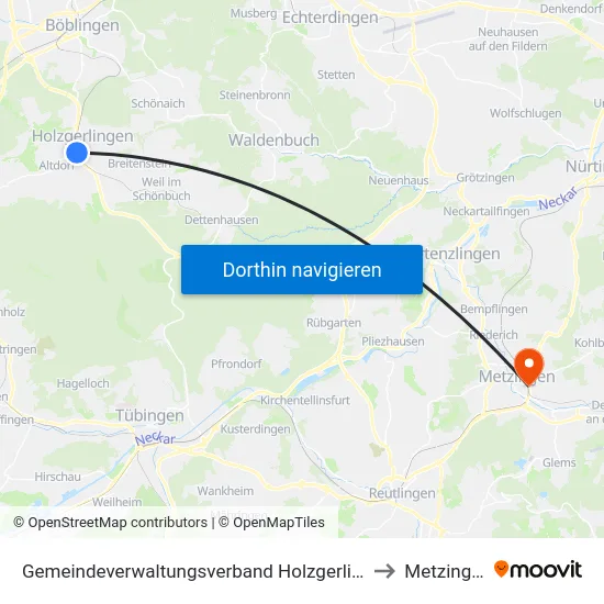 Gemeindeverwaltungsverband Holzgerlingen to Metzingen map