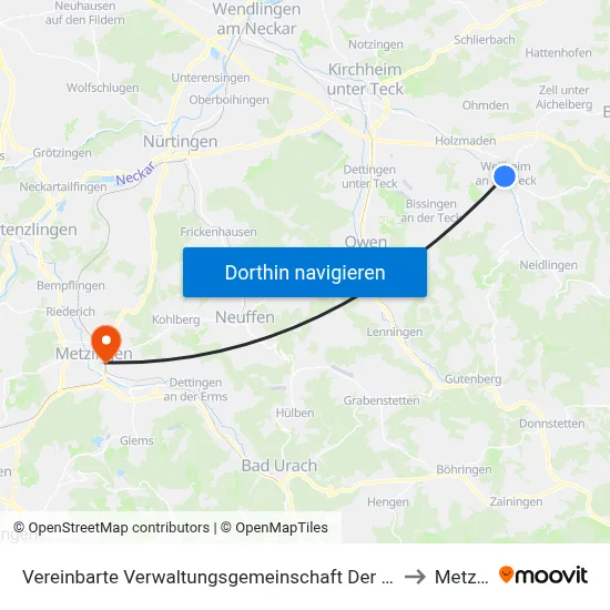 Vereinbarte Verwaltungsgemeinschaft Der Stadt Weilheim An Der Teck to Metzingen map