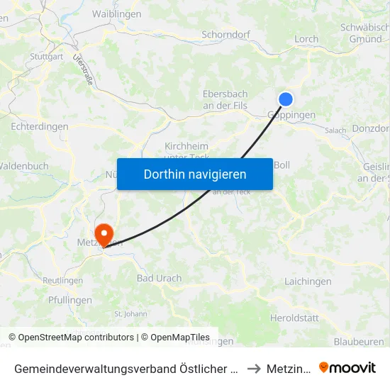 Gemeindeverwaltungsverband Östlicher Schurwald to Metzingen map