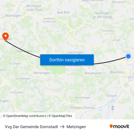 Vvg Der Gemeinde Dornstadt to Metzingen map