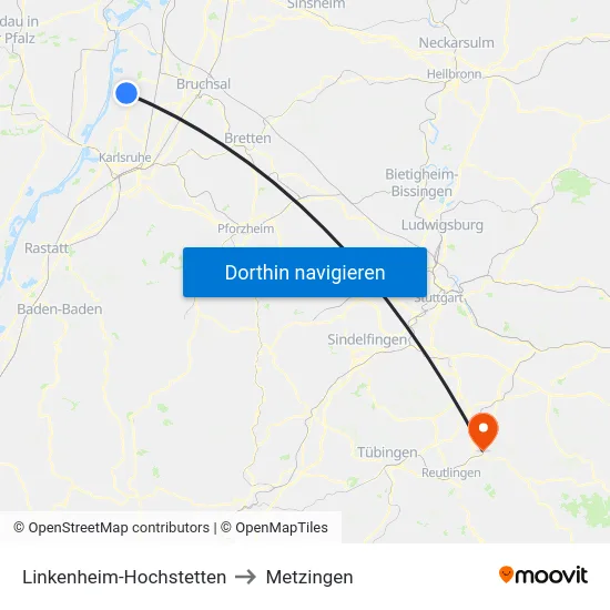Linkenheim-Hochstetten to Metzingen map