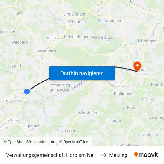 Verwaltungsgemeinschaft Horb am Neckar to Metzingen map