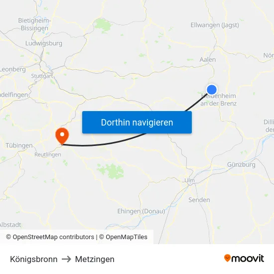 Königsbronn to Metzingen map