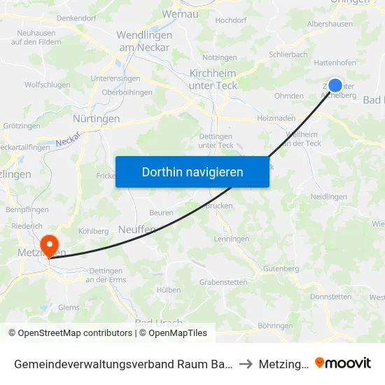 Gemeindeverwaltungsverband Raum Bad Boll to Metzingen map
