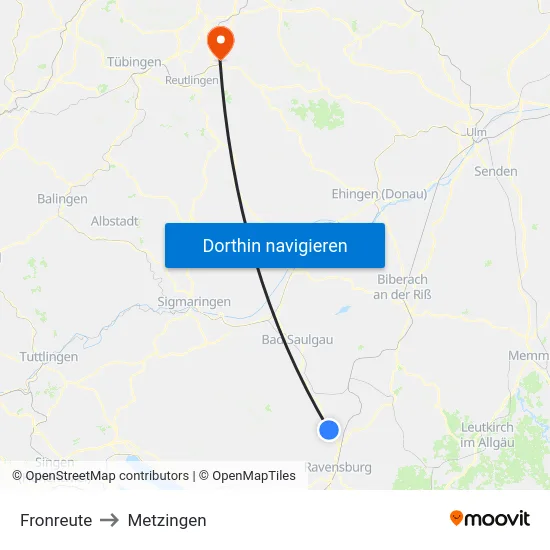 Fronreute to Metzingen map