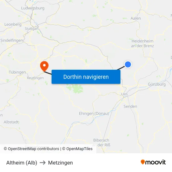 Altheim (Alb) to Metzingen map