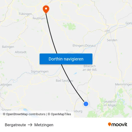 Bergatreute to Metzingen map