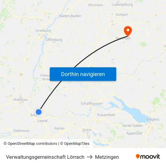 Verwaltungsgemeinschaft Lörrach to Metzingen map