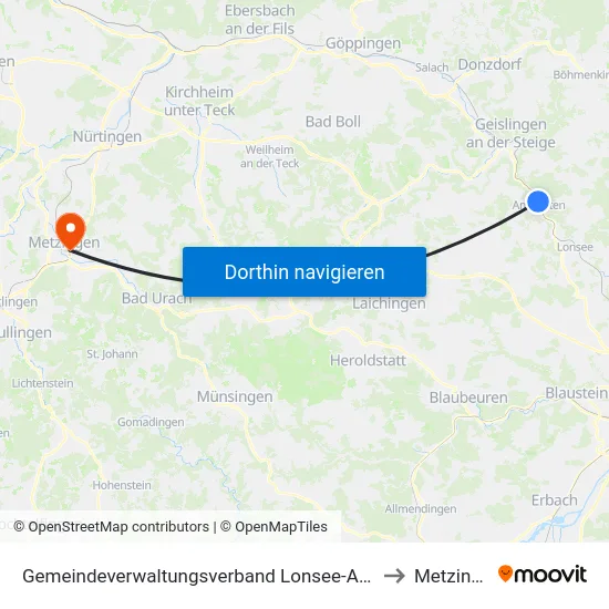 Gemeindeverwaltungsverband Lonsee-Amstetten to Metzingen map