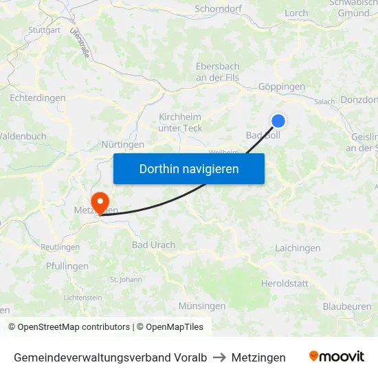 Gemeindeverwaltungsverband Voralb to Metzingen map