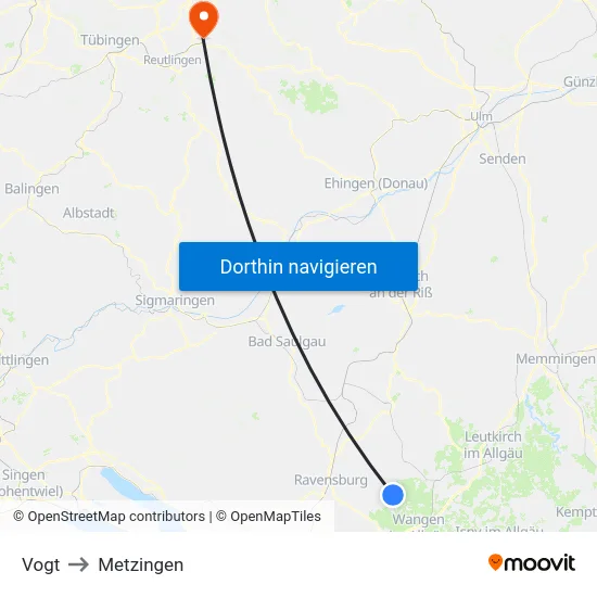 Vogt to Metzingen map