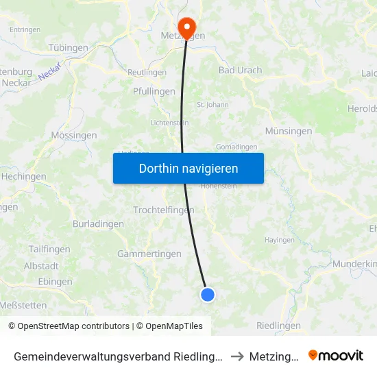 Gemeindeverwaltungsverband Riedlingen to Metzingen map