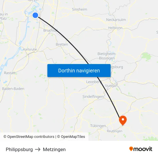 Philippsburg to Metzingen map