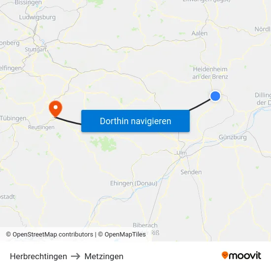 Herbrechtingen to Metzingen map
