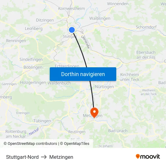 Stuttgart-Nord to Metzingen map