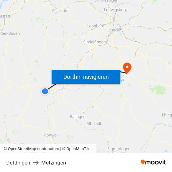 Dettlingen to Metzingen map