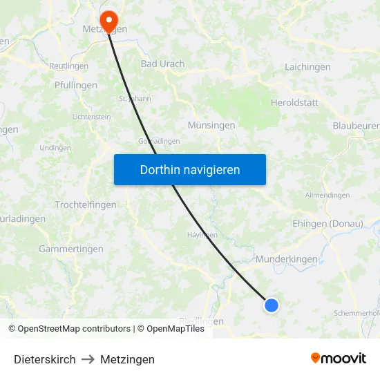 Dieterskirch to Metzingen map