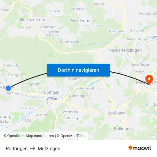 Poltringen to Metzingen map