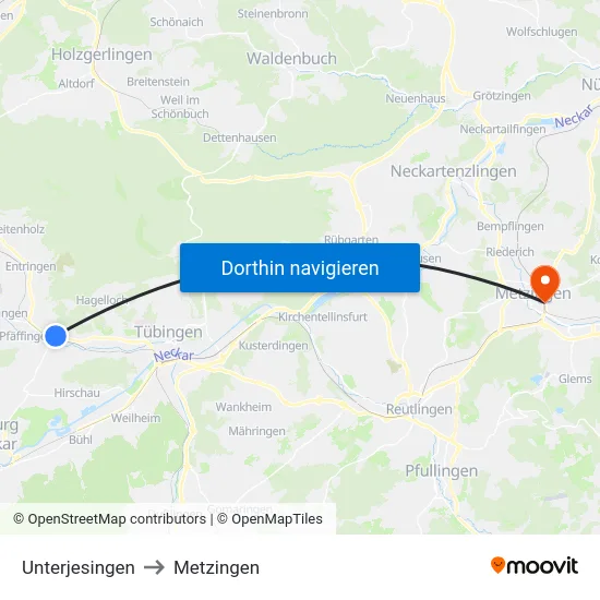 Unterjesingen to Metzingen map