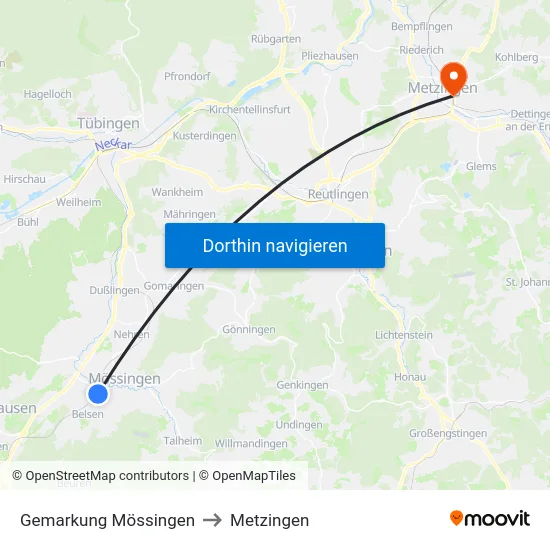 Gemarkung Mössingen to Metzingen map