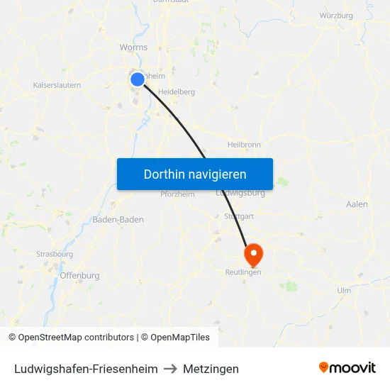 Ludwigshafen-Friesenheim to Metzingen map