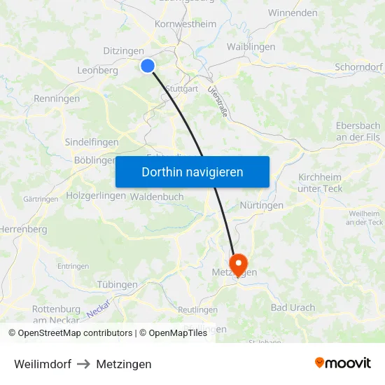 Weilimdorf to Metzingen map