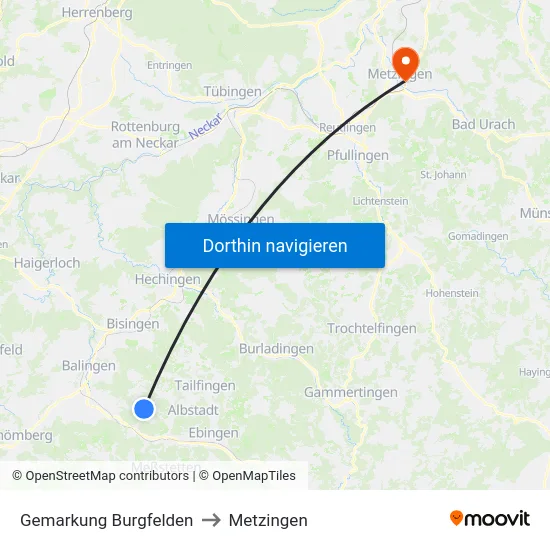Gemarkung Burgfelden to Metzingen map