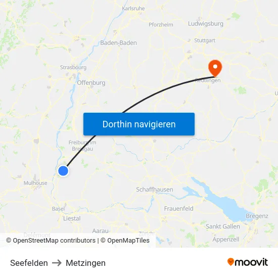Seefelden to Metzingen map