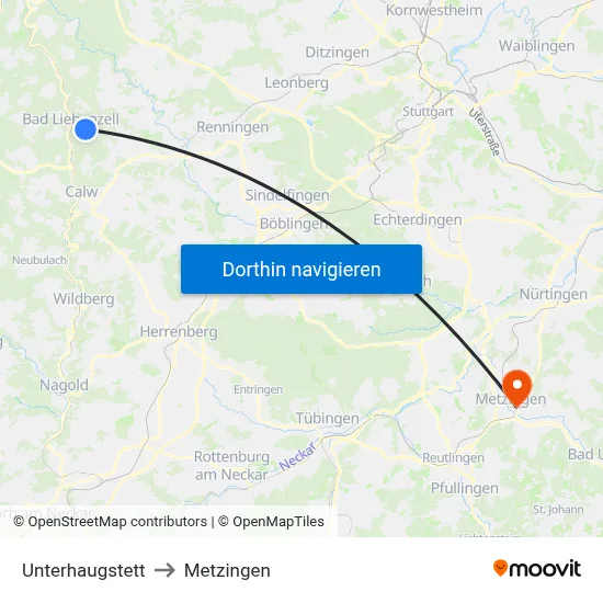 Unterhaugstett to Metzingen map