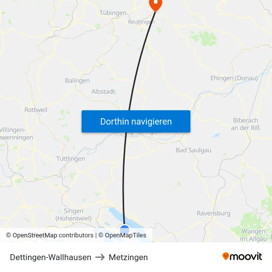 Dettingen-Wallhausen to Metzingen map