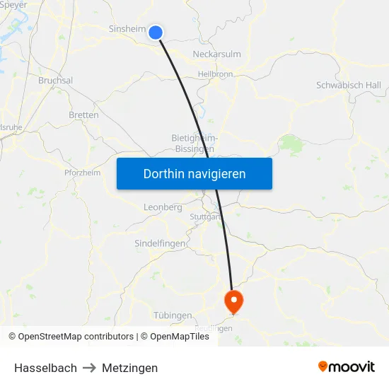 Hasselbach to Metzingen map