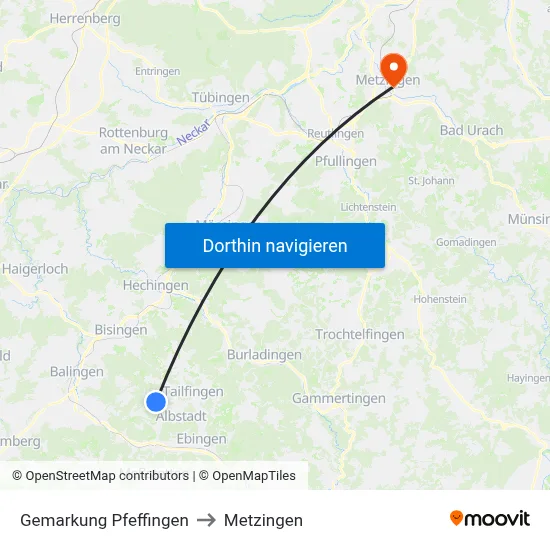 Gemarkung Pfeffingen to Metzingen map
