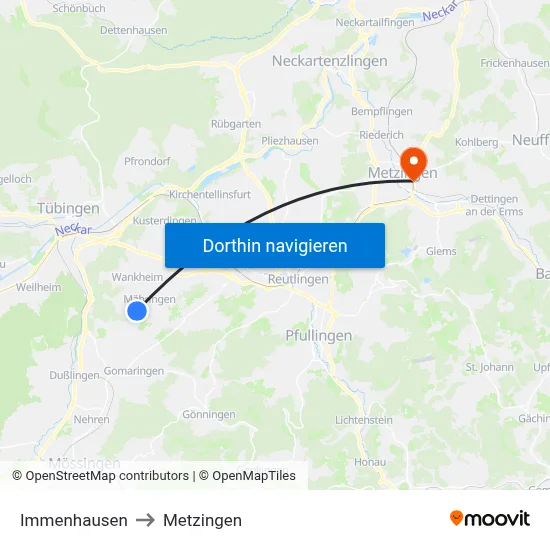 Immenhausen to Metzingen map