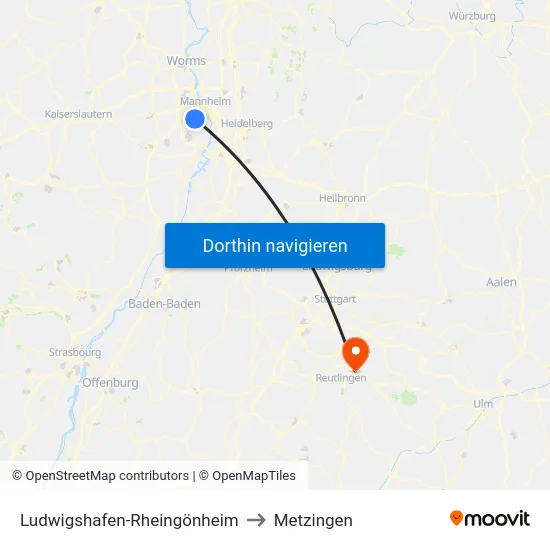Ludwigshafen-Rheingönheim to Metzingen map