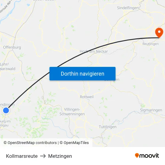 Kollmarsreute to Metzingen map