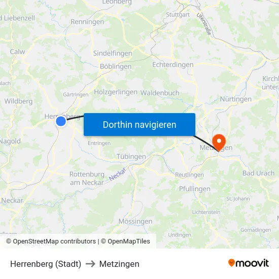 Herrenberg (Stadt) to Metzingen map