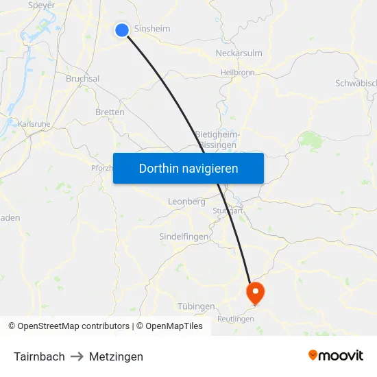 Tairnbach to Metzingen map