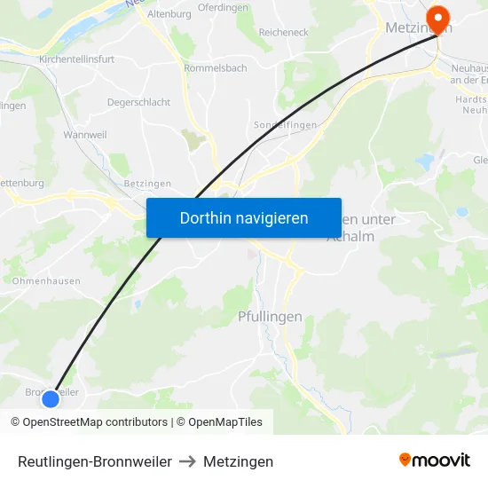 Reutlingen-Bronnweiler to Metzingen map