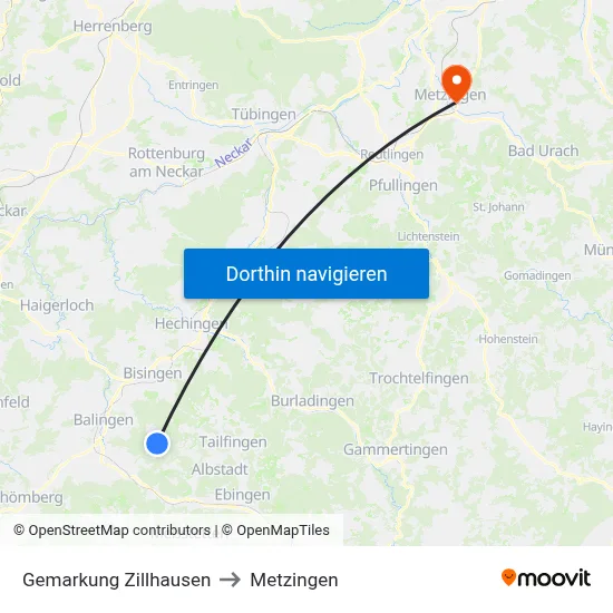 Gemarkung Zillhausen to Metzingen map