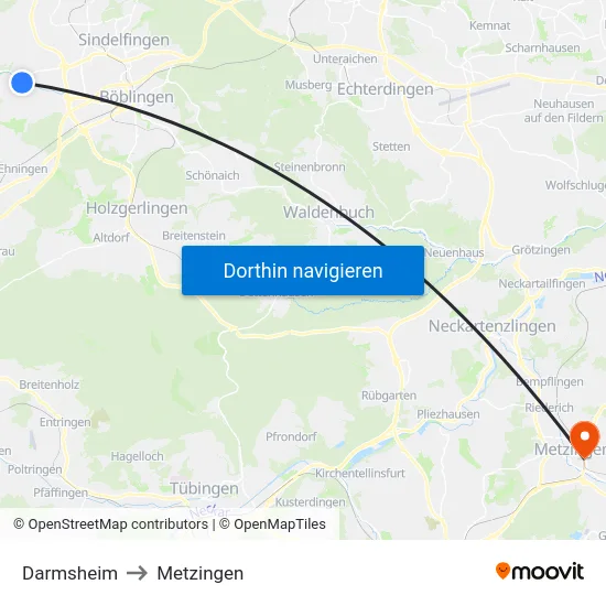 Darmsheim to Metzingen map