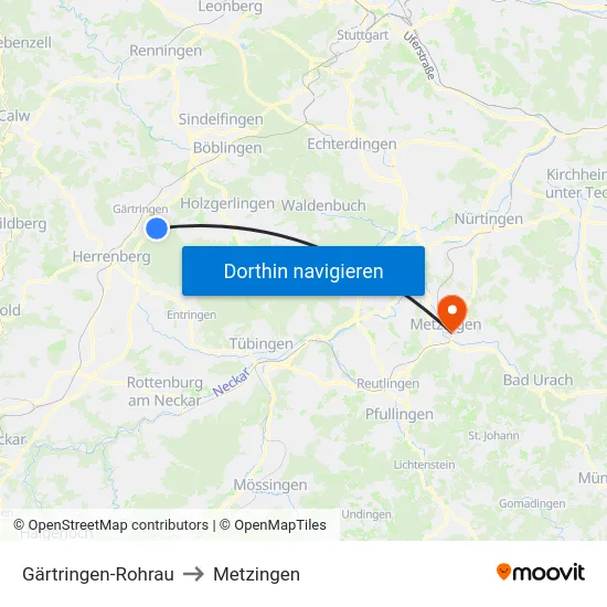 Gärtringen-Rohrau to Metzingen map