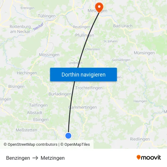 Benzingen to Metzingen map