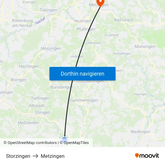 Storzingen to Metzingen map