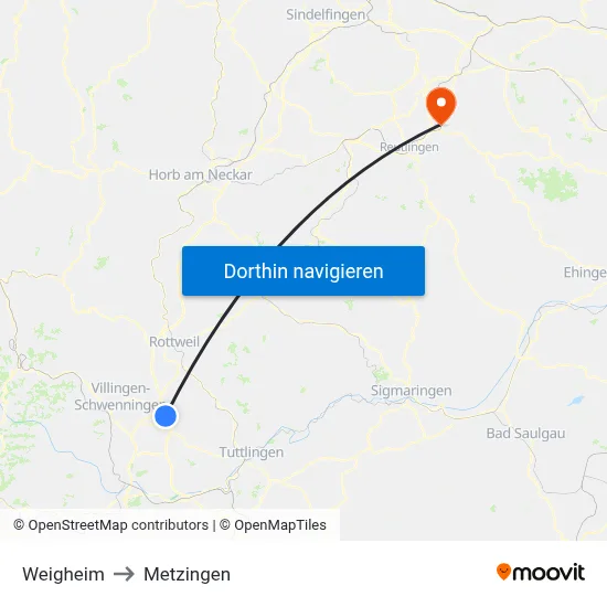 Weigheim to Metzingen map