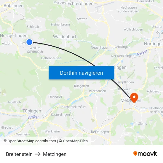 Breitenstein to Metzingen map