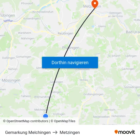 Gemarkung Melchingen to Metzingen map